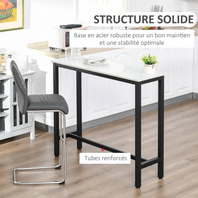 HOMCOM Table de Bar Table Haute de Cuisine Mange-debout - dim. 120L x 40l x 100H cm - châssis piètement Acier, Plateau Aspect marbre Blanc