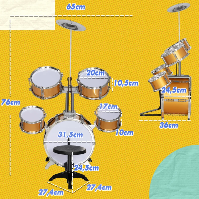 AIYAPLAY Batería para Niños de +3 Años con Taburete Tambores Bombo Platillo Pedal y Baquetas 65x36x76 cm Dorado