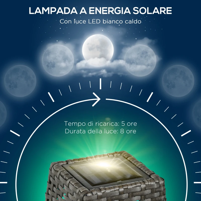 Outsunny Lampada Solare da Giardino con Pannello di Ricarica, in Acciaio e Rattan, 21x21x78 cm, Nero e Grigio