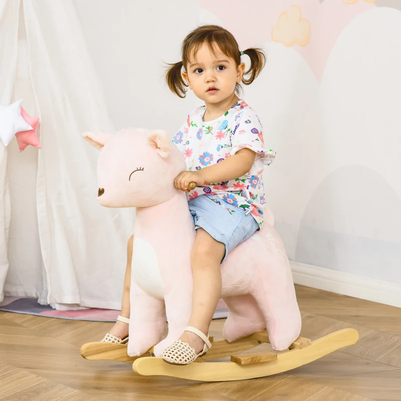 HOMCOM Cavallo a Dondolo per Bambini 36-72 Mesi, Gioco Cavalcabile per Bambini a Forma di Cervo con Suoni in Peluche Rosa, 68x35.5x64cm