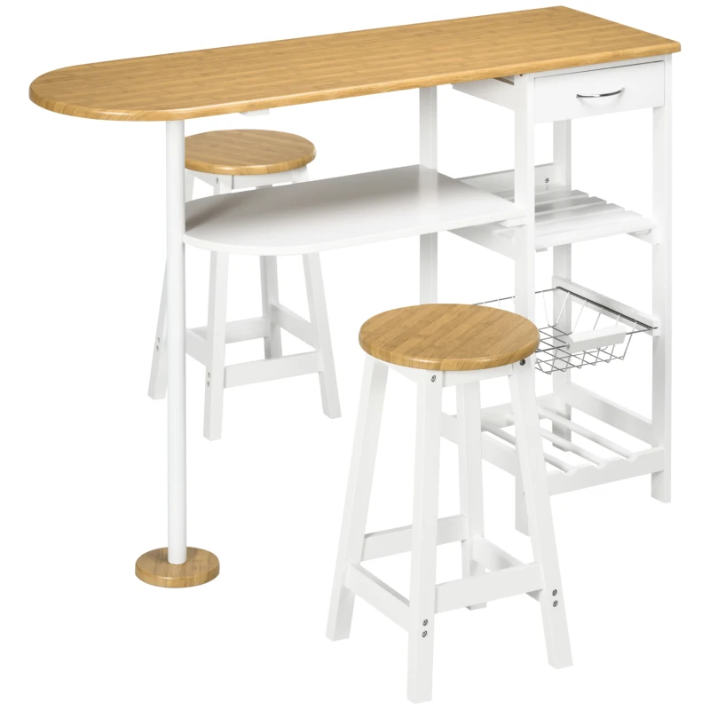 HOMCOM Set de Mesa de Bar de 119x38,5x88,5 cm con Cesta Extraíble y Botellero y 2 Taburetes de 29x29x55 cm Blanco(m-10)