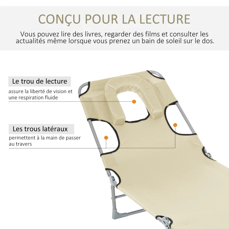Outsunny Chaise longue pliante avec appui-tête à trou pour la lecture et dossier Inclinable en tissu Oxford beige