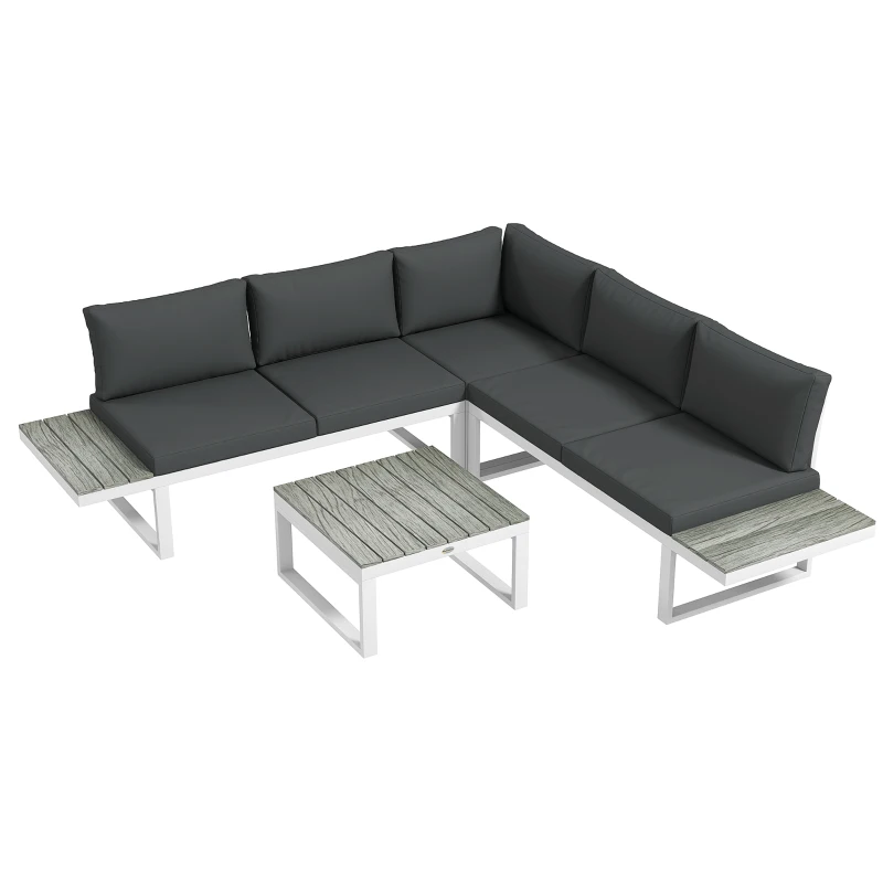 Outsunny 4 Pieces Garden Furniture Set, 5-Level Reclining Garden Corner Sofa Set, Outdoor Lounge Conversation Sectional with Cushions, Wood Effect Plastic Table, White Frame & Grey Cushion