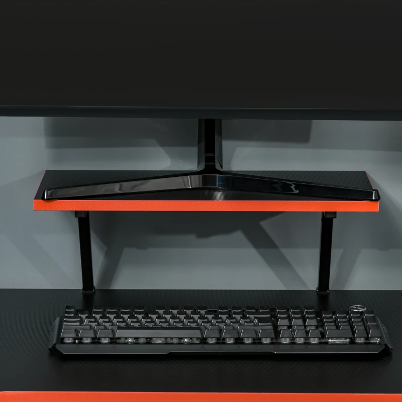 HOMCOM Bureau gaming bureau gamer bureau informatique bracket casque enceintes porte-gobelet grand plateau MDF texture carbone + étagère écran châssis acier rouge noir