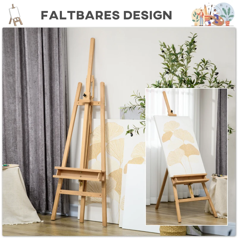 Vinsetto Staffelei, Holzstaffelei, höhenverstellbar, klappbar, Stiftablage, Buchenholz, 65 x 110 x 180-235 cm(m-7)