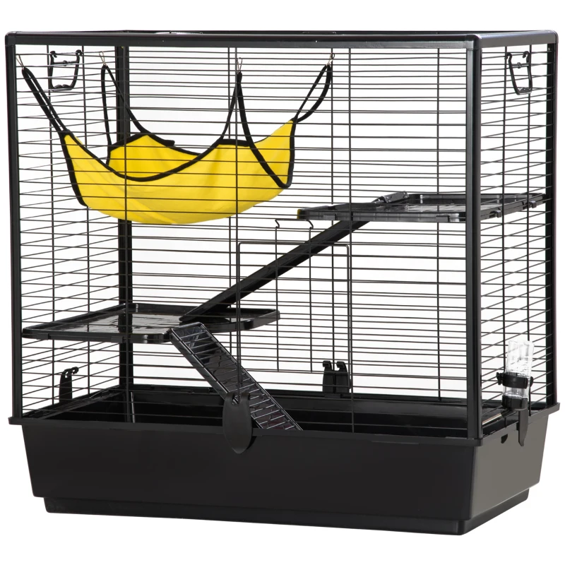 PawHut Cage petits rongeurs cochon d'inde, lapin, furets 3 niveaux avec abreuvoir, hamac, 2 rampes dim. 80L x 48l x 78H cm - noir