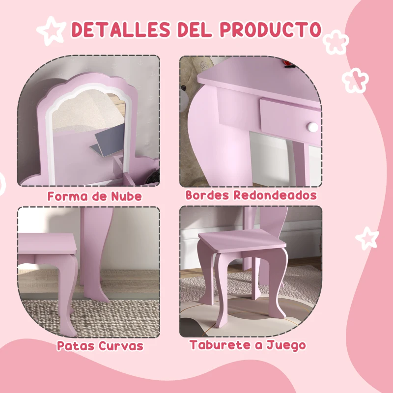 ZONEKIZ Tocador Infantil para Niñas y Niños de +3 Años con Taburete Espejo Cajón y Cajas de Almacenaje Forma de Nube Rosa