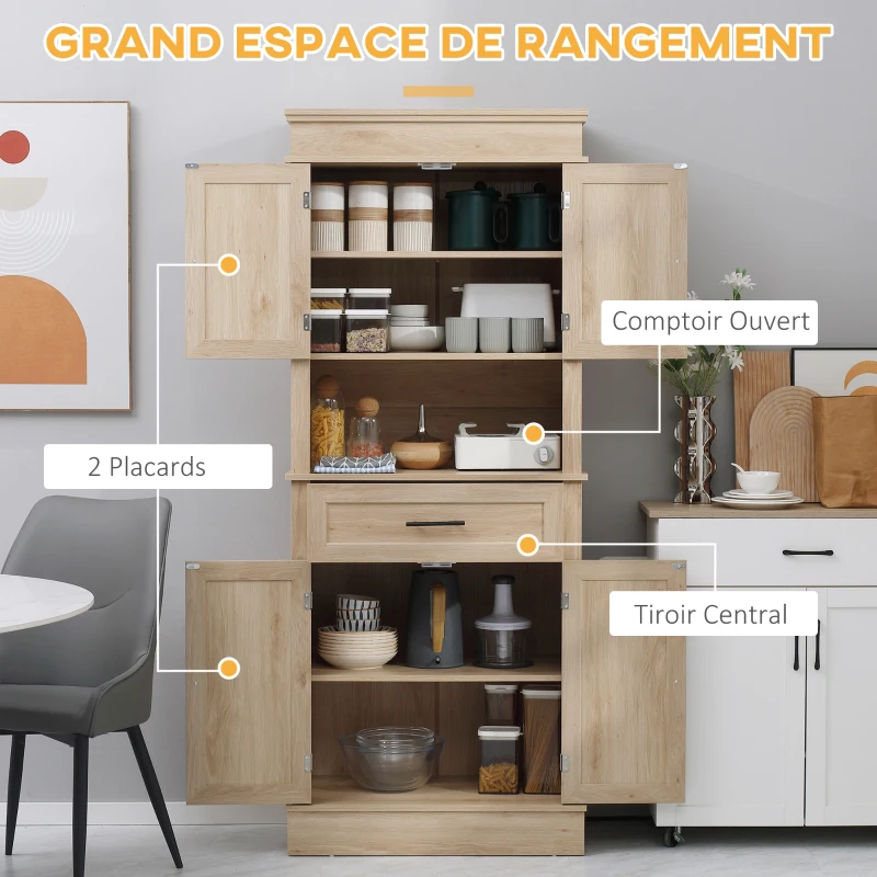 HOMCOM Armoire de cuisine buffet cuisine vaisselier meuble de rangement style moderne avec placards, étagères réglables, tiroir, et niche, pour salle à manger, salon, 74 x 39,5 x 183 cm, chêne clair