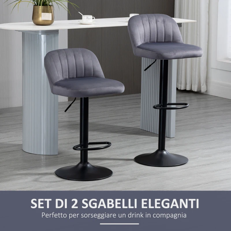 HOMCOM Set 2 Sgabelli da Bar con Schienale e Poggiapiedi, Girevoli con Altezza Regolabile, Grigio