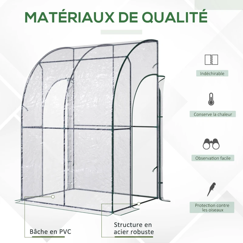 Outsunny Serre de Jardin adossée Serre adossée serre d'hivernage dim. 1,43L x 1,18l x 2,12H m 2 Portes zippées enroulables Acier PVC Transparent