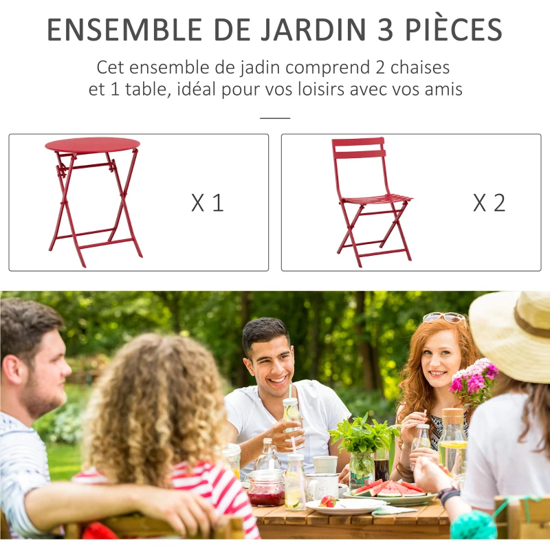 Outsunny Salon de jardin bistro pliable - table ronde Ø 60 cm avec 2 chaises pliantes - métal thermolaqué rouge