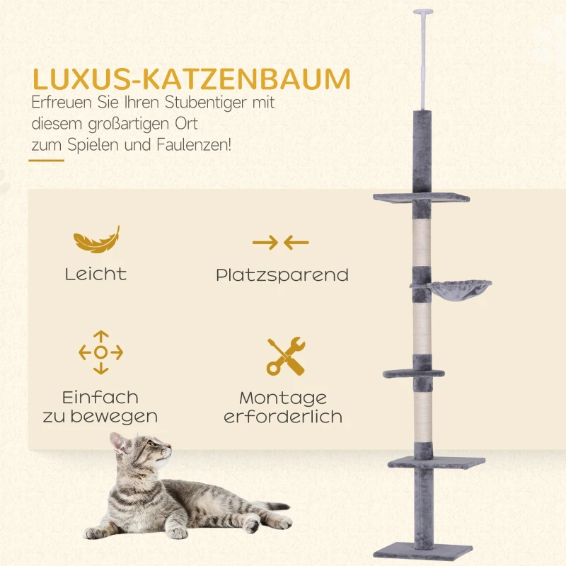 PawHut Kratzbaum Deckenhoch höhenverstellbar, stabiler Katzenbaum mit Sisalsäulen, Katzen Kletterbaum, Grau, 40 x 34 x 230-260 cm