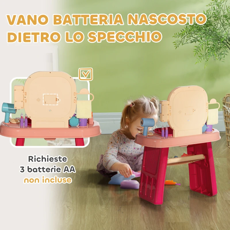 AIYAPLAY Tavolo Toeletta per Bambine 3-6 Anni con Specchio in Acrilico e Rubinetto, in PP e GPPS, 55x29x71 cm, Rosa