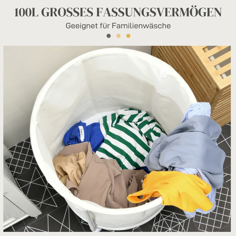 HOMCOM Wäschesammler, 100L Fassungsvermögen, Φ50x68H cm, Cremeweiß