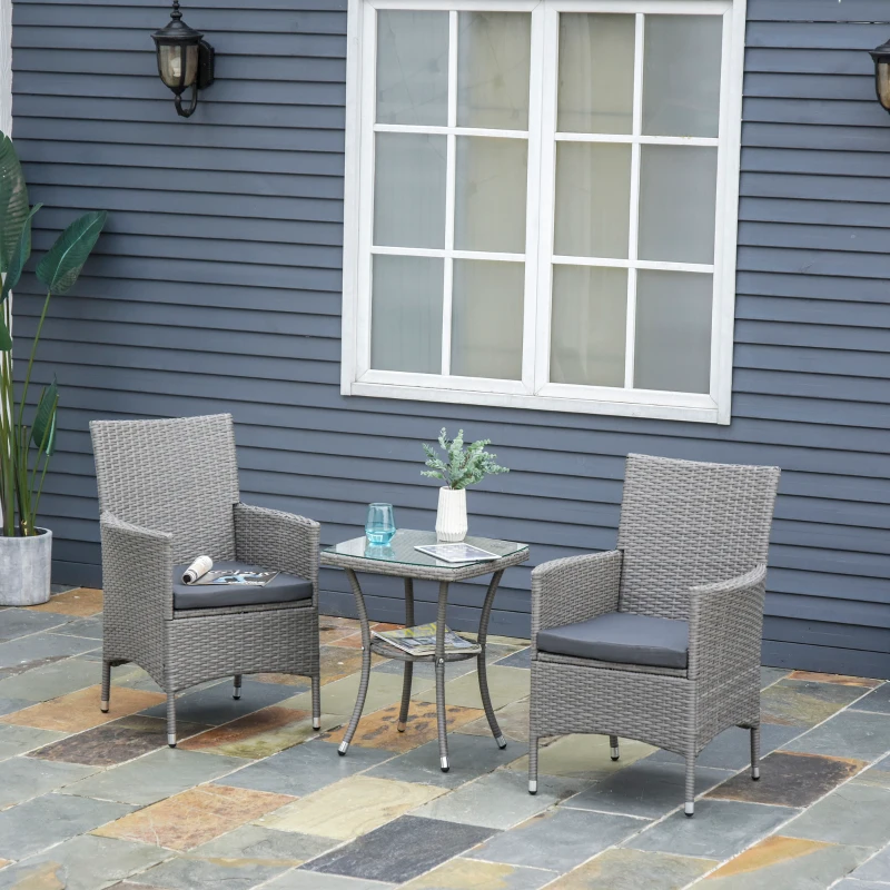 Outsunny Polyrattan Gartenmöbel Set, Outdoor Lounge Balkonmöbel für 2 Personen, 3-teilig Sitzgruppe, 2 Stühle, Tisch Sitzkissen, Gartenlounge für Garten, Terrasse, Balkon, Grau