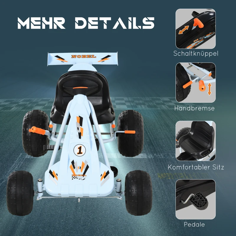 HOMCOM Gokart Tretauto mit Handbremse, verstellbarem Sitz, Pedal, Vor- und Rückwärtsgang, Kettcar Tretfahrzeug Kinderfahrzeug Kinderspielzeug Pedal-Gokart für Kinder ab 3 Jahren Hellblau