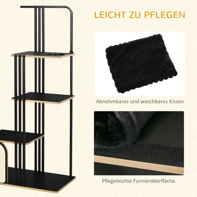 PawHut Kratzbaum, Industrial Design, 3 Plattformen, 2 Liegekissen, Kratzwand, Stahlrahmen, schwarz, 85 x 48 x 170 cm