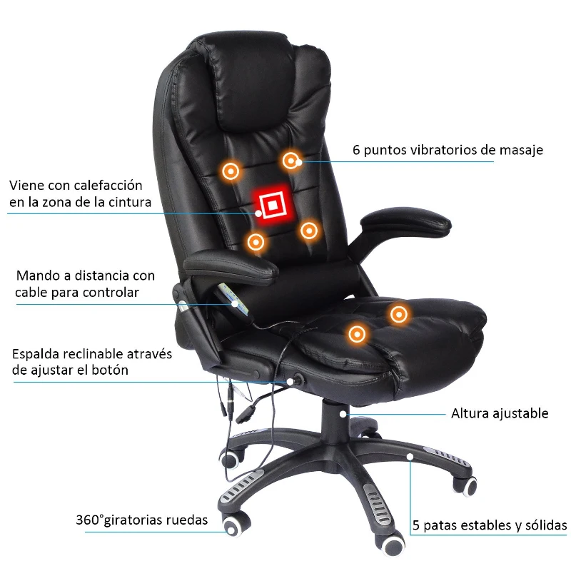 HOMCOM Silla de Oficina y Escritorio Regulable en Altura Reclinable 135° y Función Basculante Con Calefacción y Función Masaje con 6 Puntos Vibratorios 62x68x111-121cm Hasta 120kg Negro