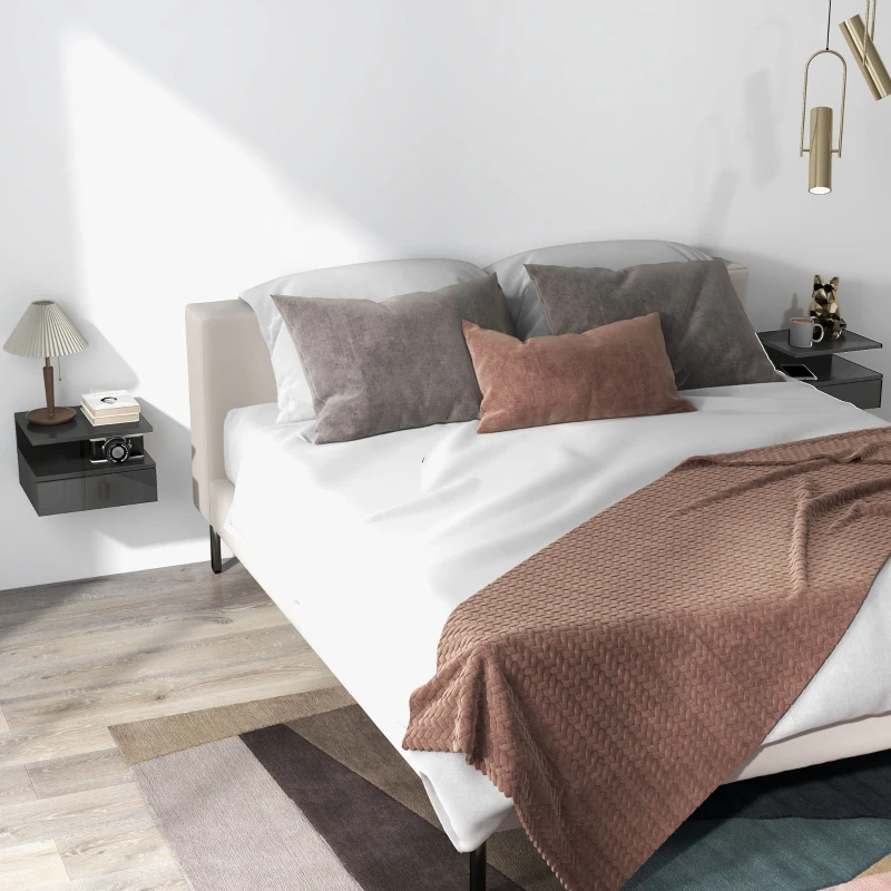 HOMCOM Set da 2 Comodini Moderni Sospesi con Cassetto e Mensola in Legno 35x32x22.5cm, Nero Lucido