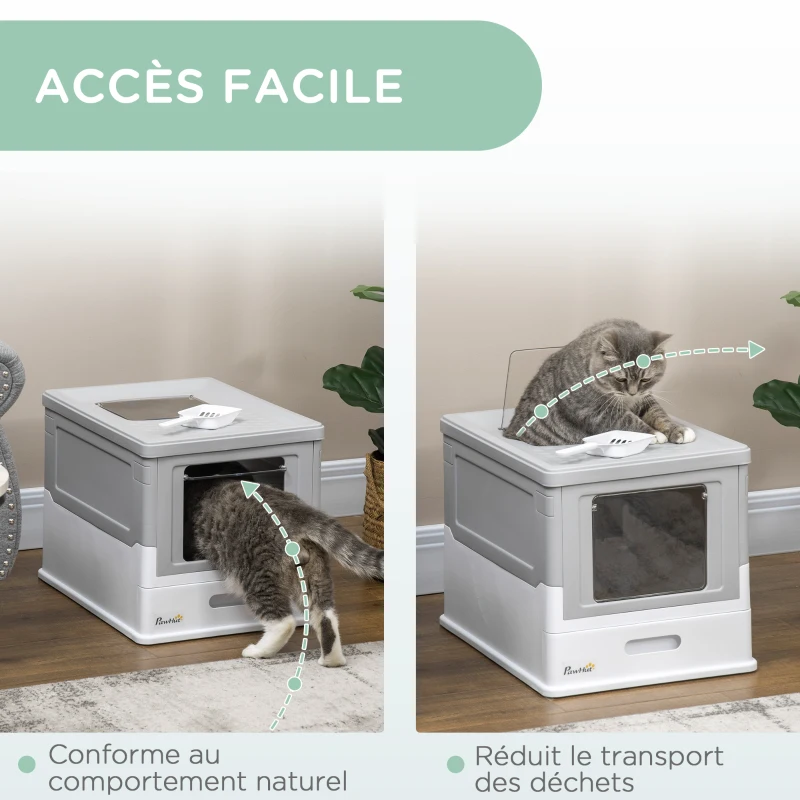 PawHut Maison de toilette pour chat pliable double porte battante et supérieure pelle fourni 47,5 x 35,5 x 36,7 cm gris