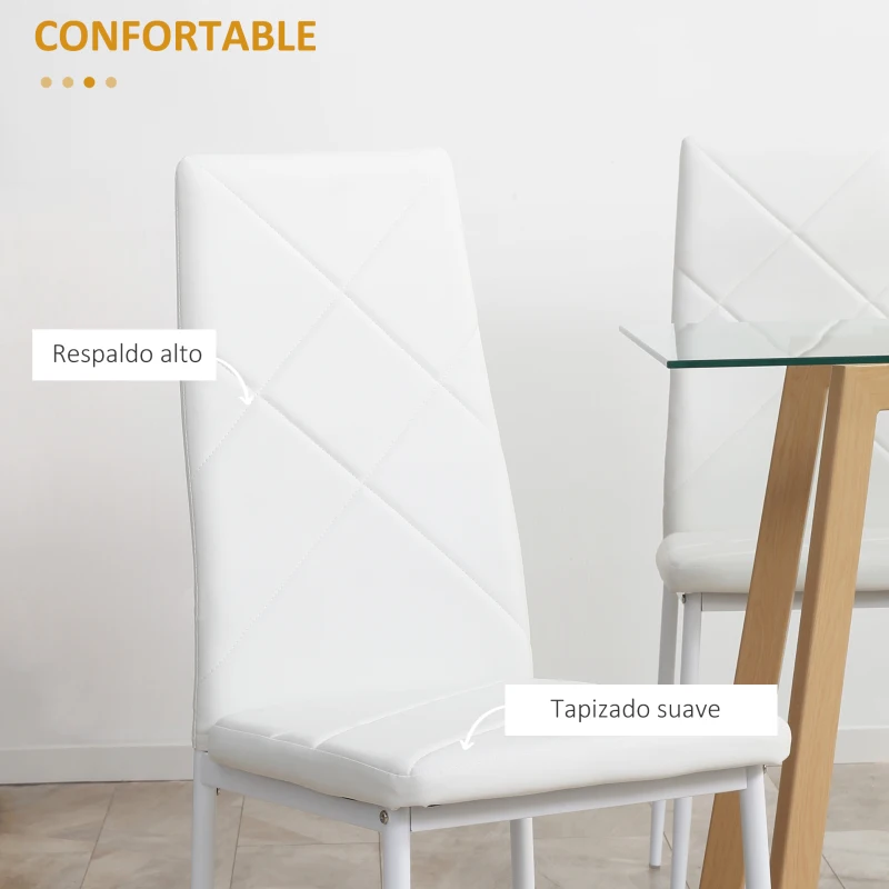 HOMCOM Set de 4 Sillas de Comedor Tapizadas de Piel Sintética con Respaldo Alto y Patas de Acero 41x50x97 cm Blanco