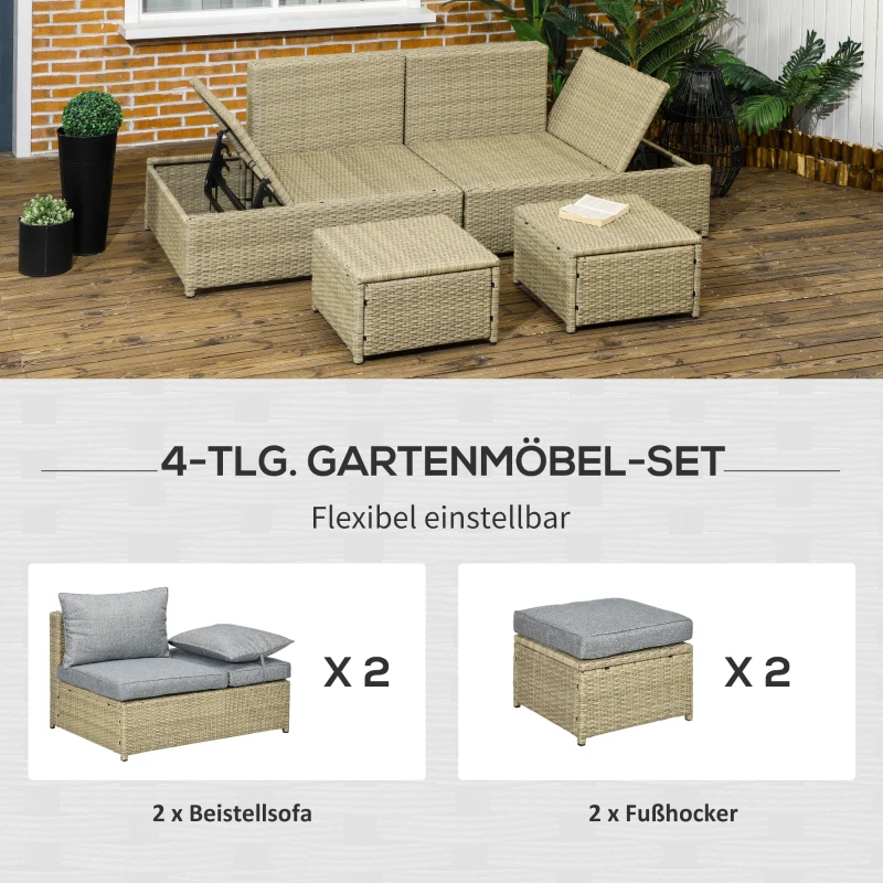 Outsunny 4-tlg. Gartenmöbelset, Rattanoptik, 2x Sofa, 2x Hocker, frei kombinierbar, Sitzkissen, dunkelgrau