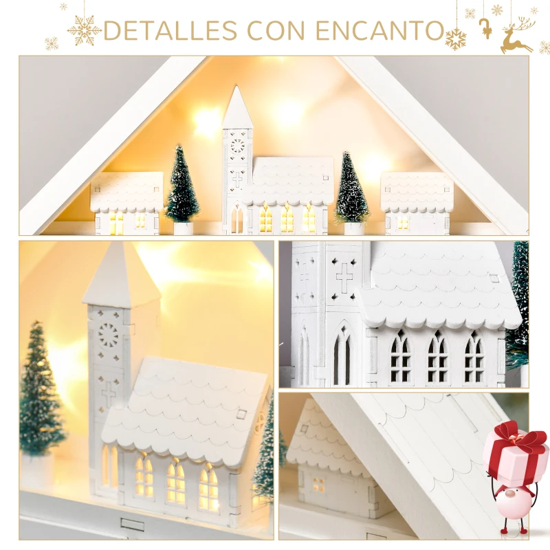 HOMCOM Calendario de Adviento de Navidad Madera con 24 Cajones y Luces LED Decoración Navideña Modelo Casita 39x9x42 cm Blanco