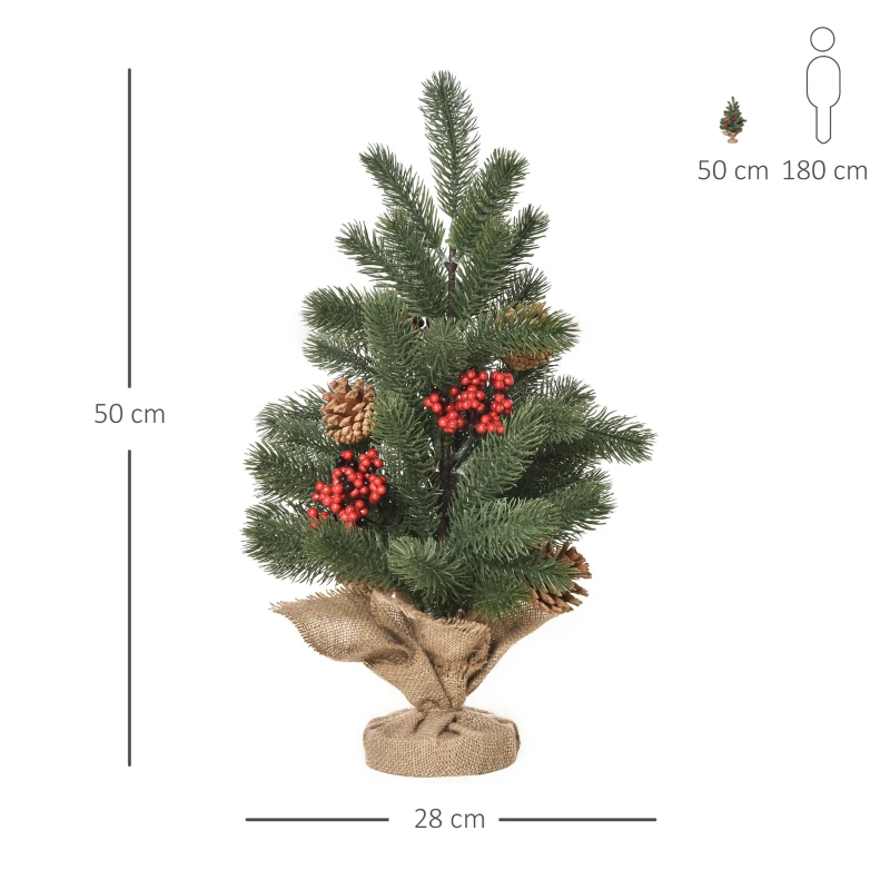 HOMCOM Mini-Weihnachtsbaum Weihnachtsdekoration, inkl. Schmuck, rote Beeren, 50 cm hoch, inkl. Zementsockel, Grün + Mehrfarbig