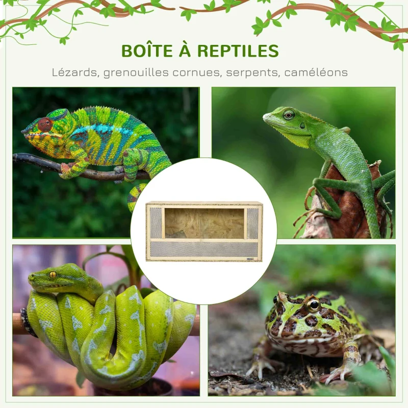 PawHut Terrarium en bois OSB pour reptiles et batraciens avec porte coulissante en verre - 80 x 40 x 40 cm naturel