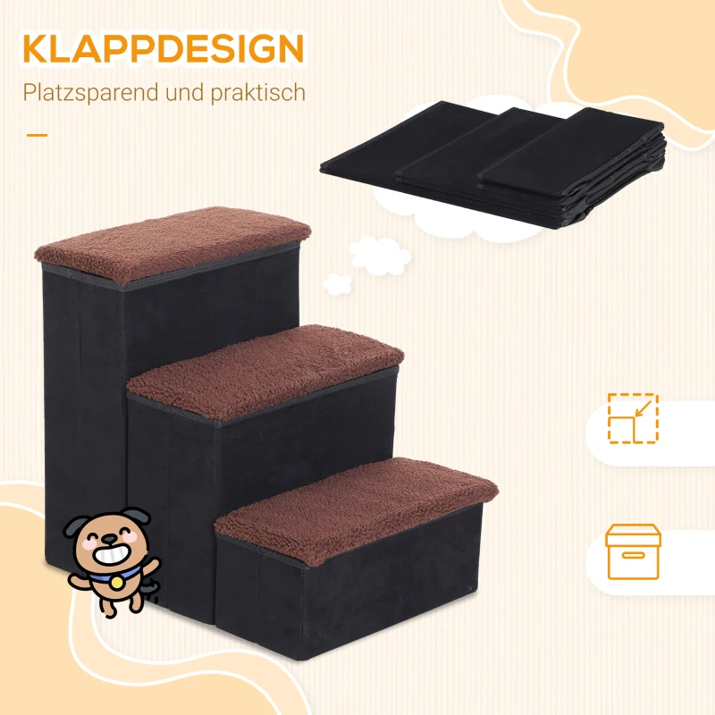 PawHut Haustiertreppe Katzentreppe Hundetreppe Faltbar 3 Stufen Tiertreppe mit Stauraum für Katzen und Hunde MDF Schwarz 40 x 54 x 48 cm