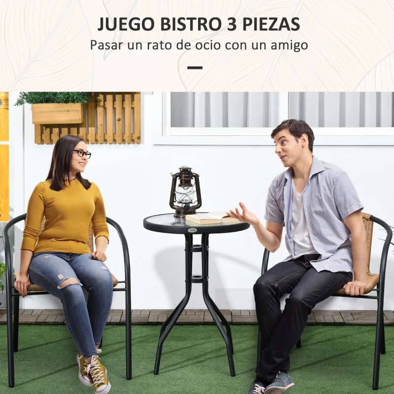 Outsunny Conjunto de Jardín de 3 Piezas Mesa Redonda y 2 Sillas de Jardín Apilables de Ratán Sintético para Terraza Balcón Marrón