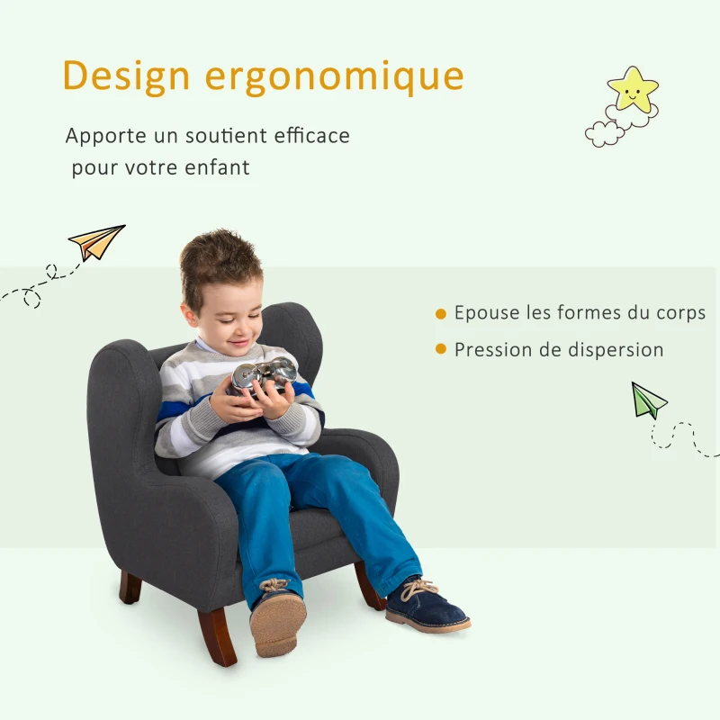 HOMCOM Fauteuil Enfant Oreilles Grand Confort accoudoirs Assise Dossier garnissage Mousse Haute densité piètement Bois hévéa Verni Lin Gris