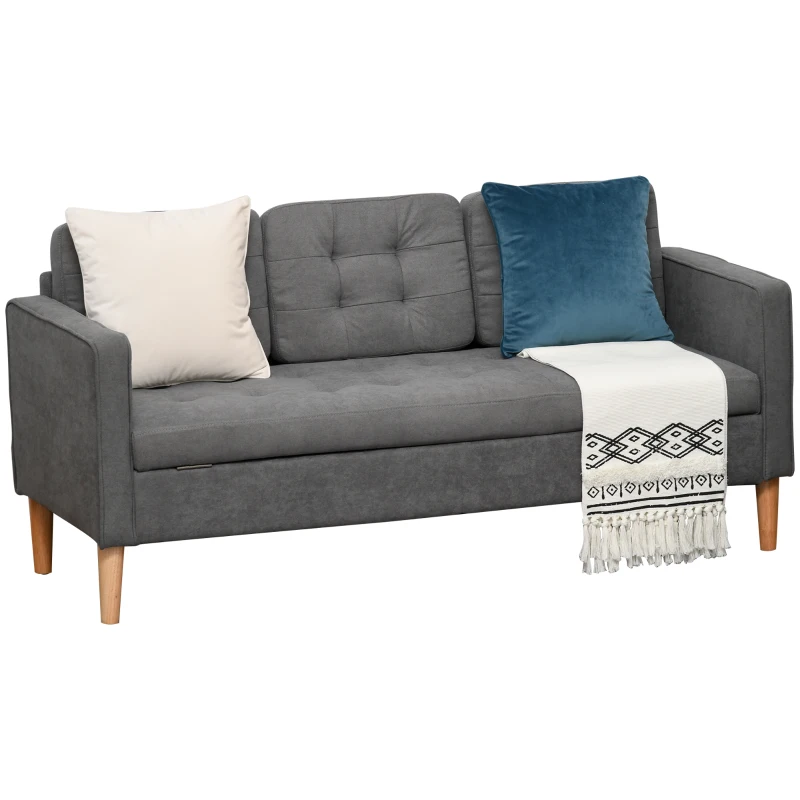 HOMCOM 3 Sitzer Sofa, Couch mit Stauraum, Holzbeine, Gepolsterter Polstersofa mit Samtoptik für Wohnzimmer, Schlafzimmer, 166,5 x 62 x 82 cm, Grau