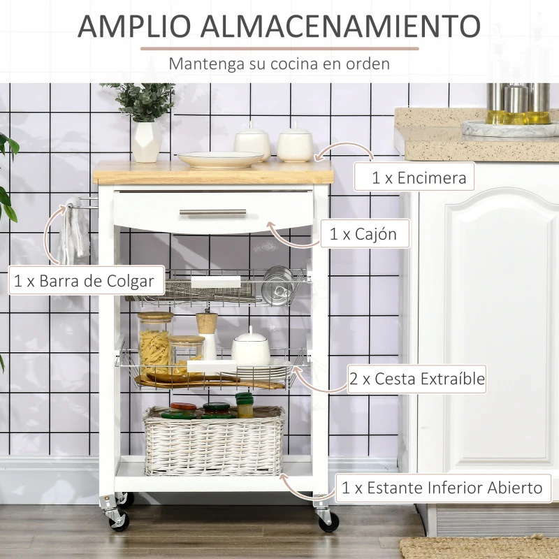 HOMCOM Carro de Cocina con Ruedas Carrito de Servicio para Comedor Salón Carga 27,5 kg 63x40x86 cm Blanco