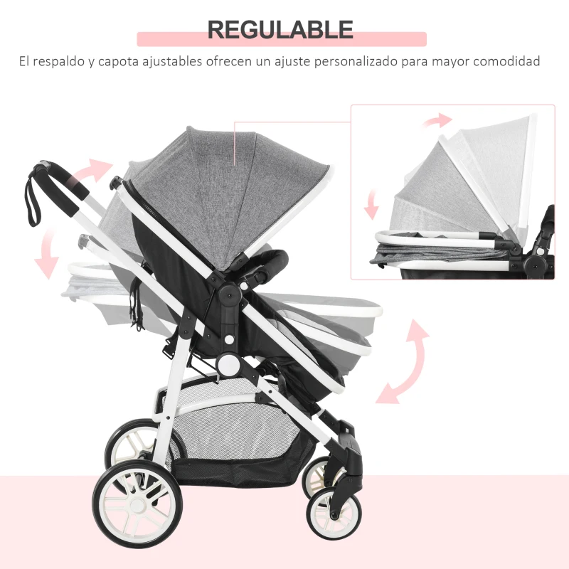 HOMCOM Silla de Paseo 2 en 1 Cochecito de Bebé y Capazo para Niños de 0-36 Meses con Capota Plegable Respaldo Reclinable Cesta Grande Palanca de Freno Carga 15kg 80x51x102 cm Gris