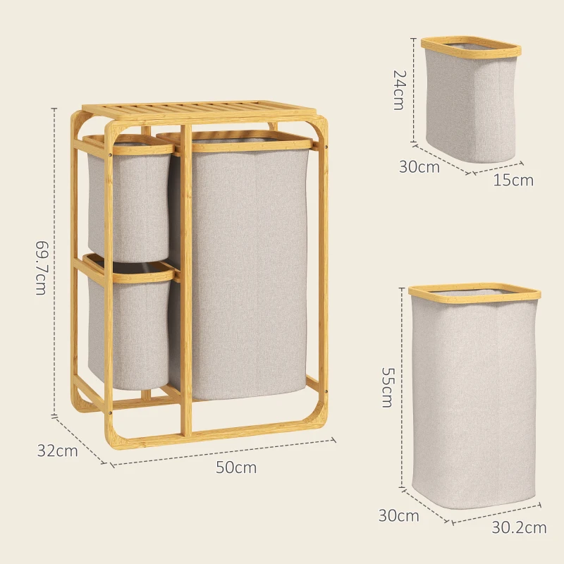 HOMCOM Cestino Portabiancheria in Bambù con 3 Sacchi e Ripiani in Tessuto, 50x32x69.7 cm, color Bambù e Crema