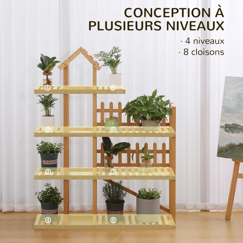 Outsunny Étagère à plantes en bambou étagère à fleurs support de pots de fleurs 4 niveaux de rangement 96 x 25 x 127 cm naturel