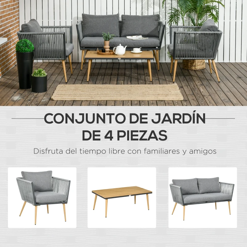 Outsunny Conjunto de Muebles de Jardín de Ratán Sintético con Sofá de 2 Plazas 2 Sillones y Mesa de Centro Gris