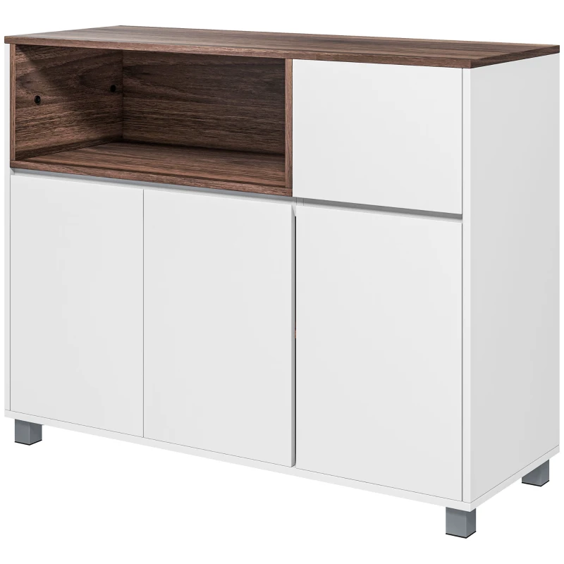 HOMCOM Credenza Moderna da Cucina in Legno con Armadietti, Cassetto e Vano Aperto, 105x39x83cm, Bianco