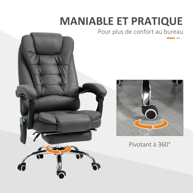 Vinsetto Fauteuil de bureau massant chauffant hauteur réglable dossier inclinable repose-pied + coussin lombaires intégrés