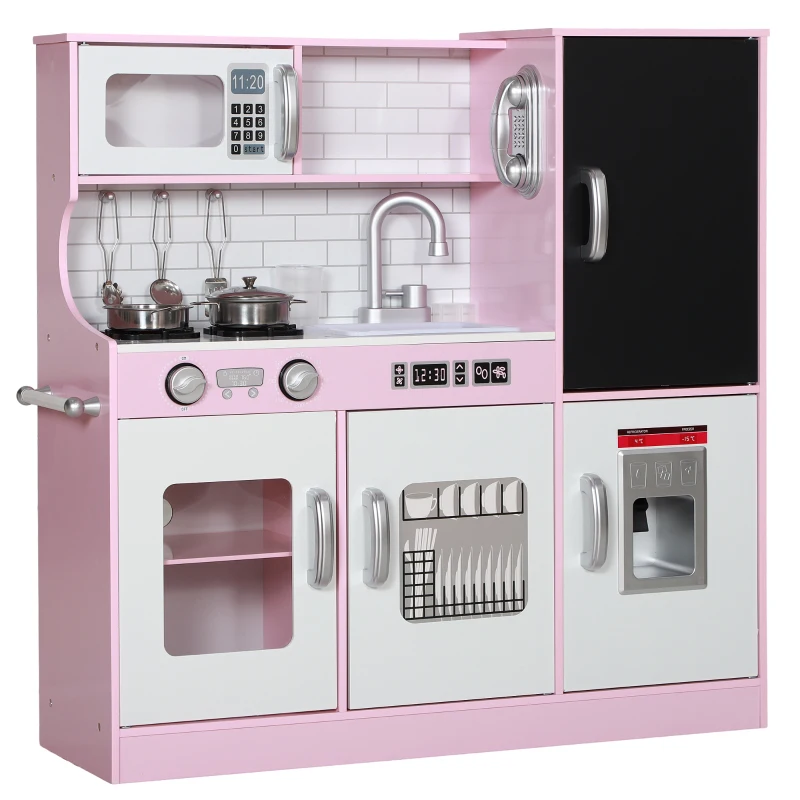 AIYAPLAY Cocina para Niños de +3 Años con Accesorios para Cocinar Pizarra Máquina de Hielo y Teléfono 83,8x26,8x81 cm Rosa(m-10)