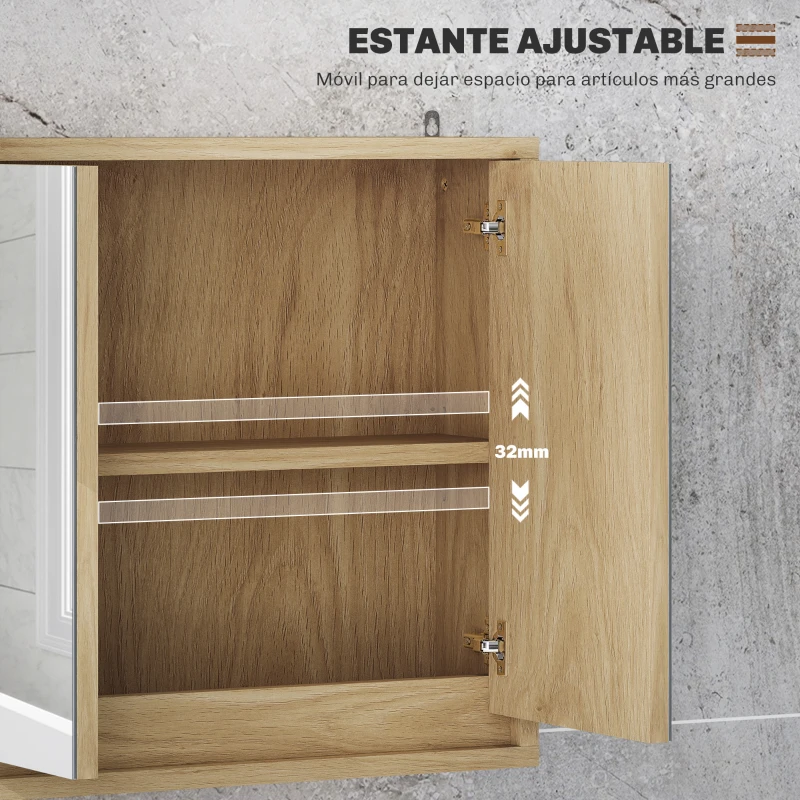 HOMCOM Armario de Baño con Espejo con 2 Puertas y Balda Ajustable Mueble Colgante de Estilo Moderno 48x14,5x45cm Natural(m-4)