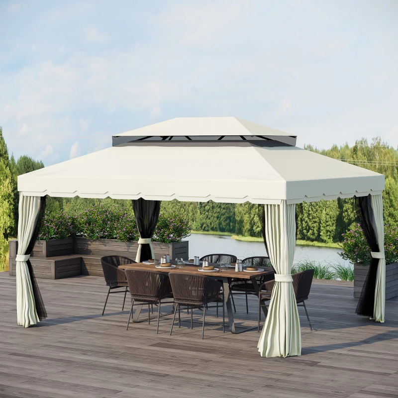 Outsunny Gazebo da Giardino 4x3m con Zanzariera, Tende e Doppio Tetto in Alluminio e Poliestere, Crema