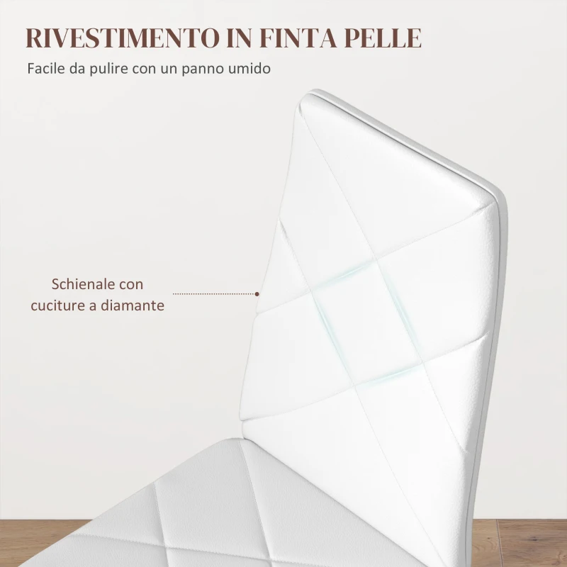 HOMCOM Set di 2 Sedie da Pranzo Moderne con Schienale Alto in Finta Pelle e Acciaio, 41x50x97 cm, Bianco