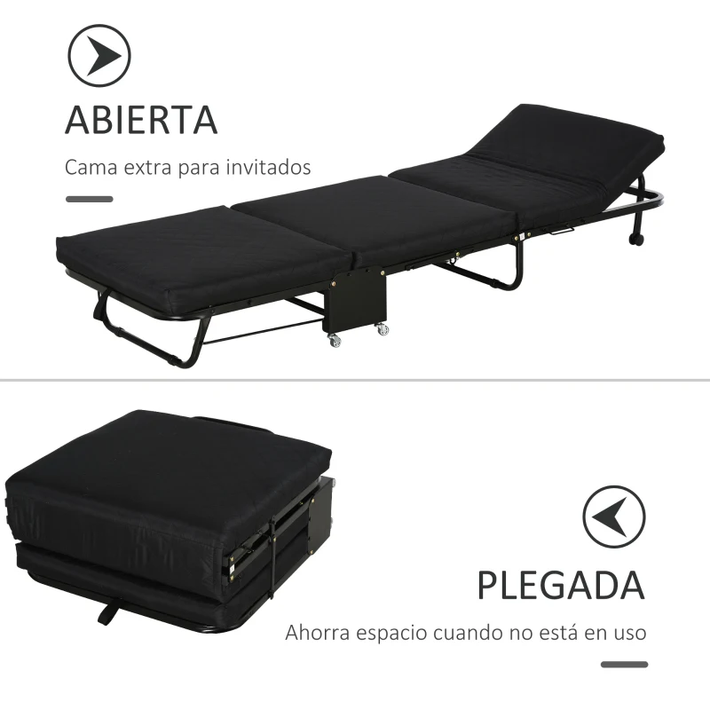 HOMCOM Cama Abatible 184x65 cm con Cabecera Ajustable Ruedas Universales y Estructura de Metal Carga Máx. 120 kg Negro