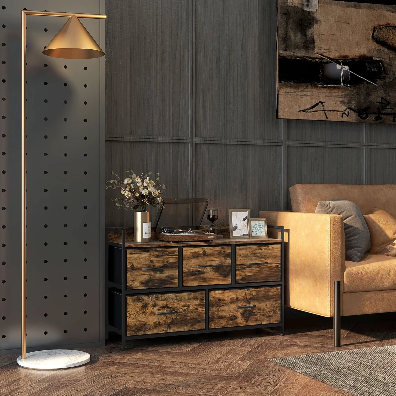 HOMCOM Cajonera de Tela con 5 Cajones y Marco Metálico Estilo Industrial para Salón Recibidor 98x29x63 cm Marrón Rústico