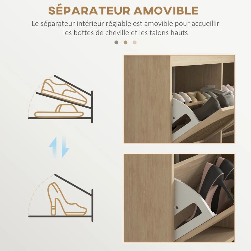 HOMCOM Meuble à chaussures 4 abattants 20 paires étagère réglable style bohème pieds en bois massif 105 x 24 x 97,5 cm naturel