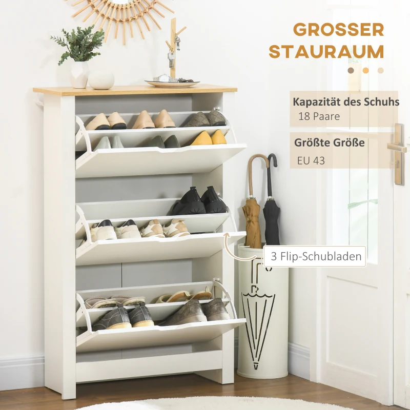 HOMCOM Schuhschrank Schruhregal Schuhaufbewahrung, 3 Fächer, 18 Paar Schuhe, 72 cm x 26 cm x 112 cm, Weiß + Braun(m-4)