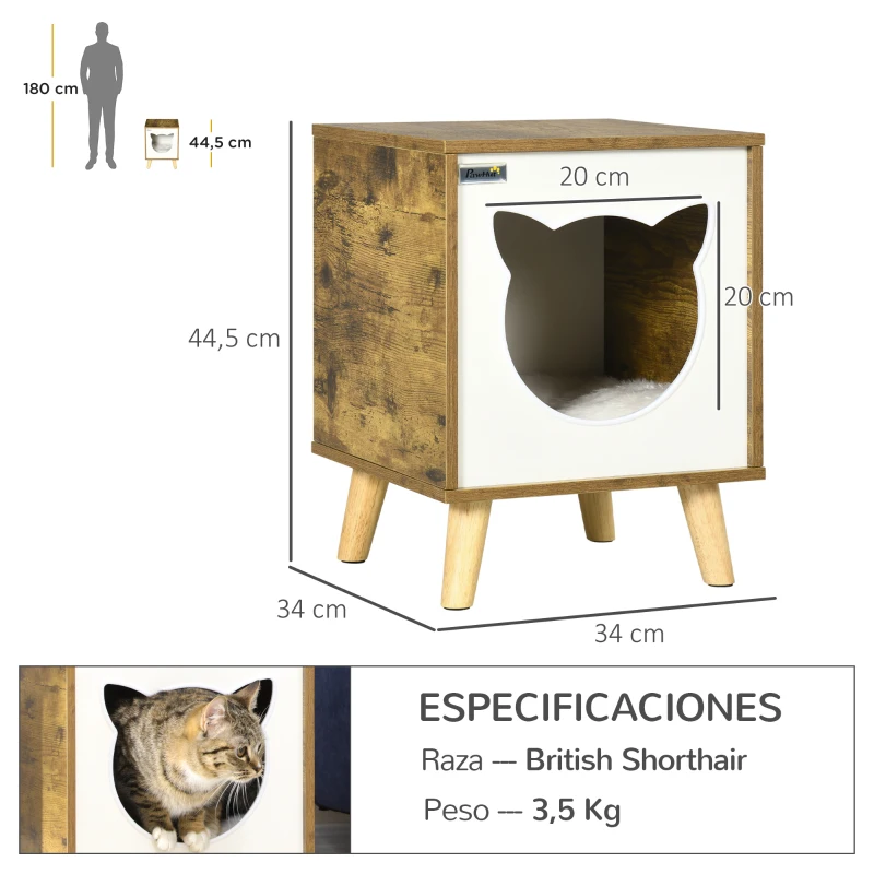 PawHut Caseta de Madera para Gatos Casa para Gatos Interior con Cojín Lavable y Patas Elevadas 34x34x44,5 cm Marrón
