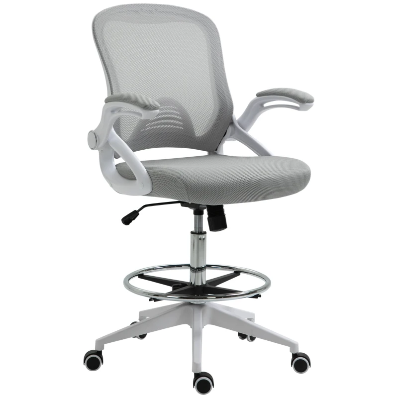 Vinsetto Fauteuil de bureau chaise de bureau assise debout hauteur réglable repose-pieds accoudoir rabattable pivotant 360° maille respirante dim. 64L x 60l x 106-126H cm gris et blanc